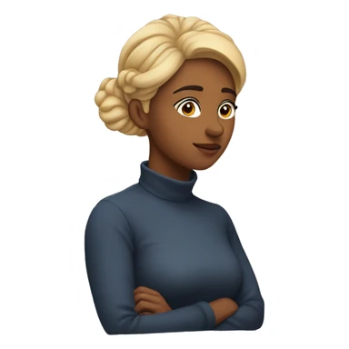 A woman in her 20s, contemplating, with her chin on her back sticker