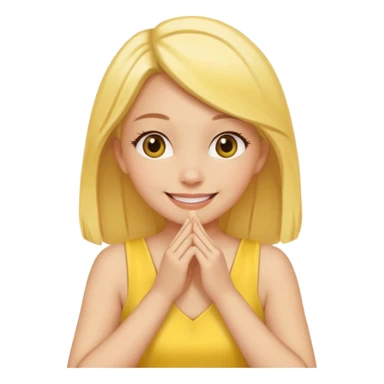 yellow smiling face girl with both hands under chin fingers touching sticker