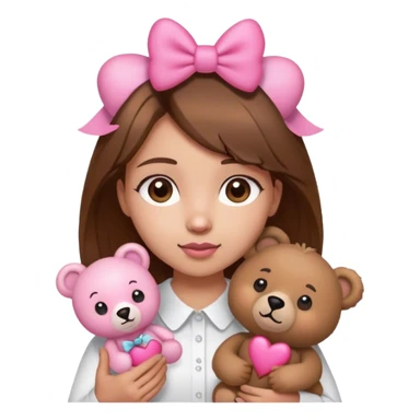 Brown hair girl with brown eyes and white shirt with pink heart holding little bear toy in the color brown with little pink bow on the head. sticker