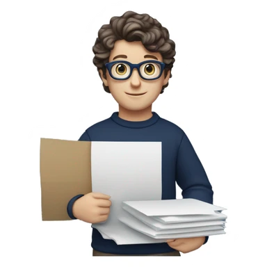 caucasian white boy with dark wavy  hair, blue glasses, and carrying design paper plan because he is an architect carrying a pencil and a set model maquette. wearing a navy blue long sleeve sweater shirt. smart.  sticker