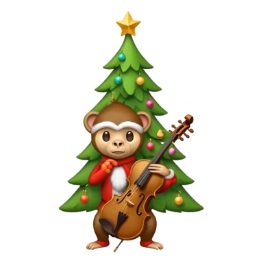 A cute, minimal emoji-style Christmas tree with a bright green triangular shape decorated and a small playful monkey with a violin sticker