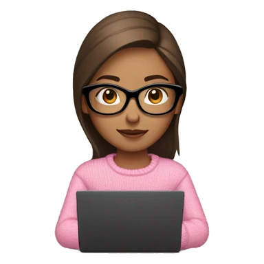 Girl with straight brown hair and black glasses frame and in pink sweater working behind laptop sticker
