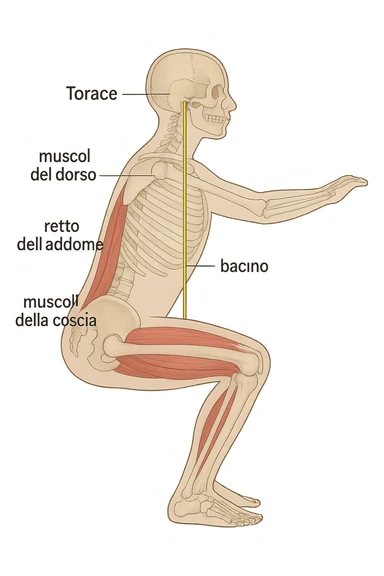 side view of a human figure performing a squat, with transparent overlays showing the skeletal structure. A straight line or highlighted axis connects the pelvis (bacino) and the ribcage (torace), demonstrating correct alignment. Key muscles involved in maintaining posture are labeled. Clean, educational style, white background. sticker