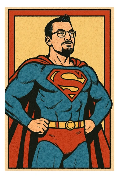 man with short hair, goatee, glasses, superhero costume, standing tall, chest out, classic comic book style sticker