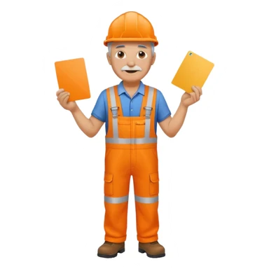 older engineer hi-vis orange overalls standing full body holding a card sticker