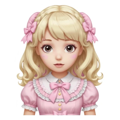 pale girl , who has curly medium length blonde and baby pink swirled hair with bangs , grey eyes , and doll like makeup , in a light pink lolita hime gyaru dress  sticker