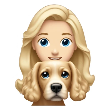 Blond girl blue eyes with a beige cockapoo dog in ground if her sticker