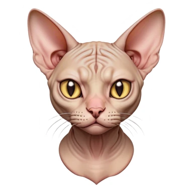 Cinematic Grumpy Sphynx Cat Portrait Emoji, Head tilted slightly with a deeply unimpressed expression, smooth, wrinkled skin with pronounced facial folds giving a permanent look of disapproval, large ears standing tall, piercing eyes narrowed into an unamused glare, Simplified yet comically expressive features, highly detailed, glowing with a dry, sarcastic glow, high shine, effortlessly judgmental yet dignified, stylized with a touch of cynicism, bright but brooding, soft glowing outline, capturing the essence of an eternally unimpressed yet endearing feline, so lifelike it feels like it could sigh heavily at you in disdain at any moment! sticker