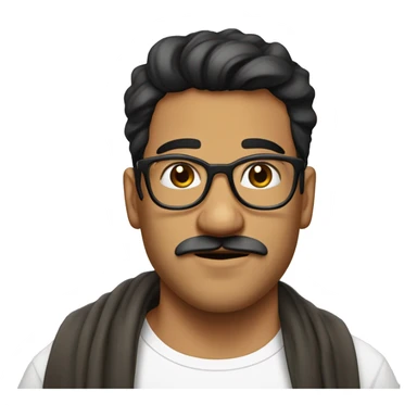 Latino man with mustaches, 25 years old, weighing 80 kilos.  with transparent glasses and a French cut haircut, gold earrings and a white T-shirt with a scarf around the neck sticker