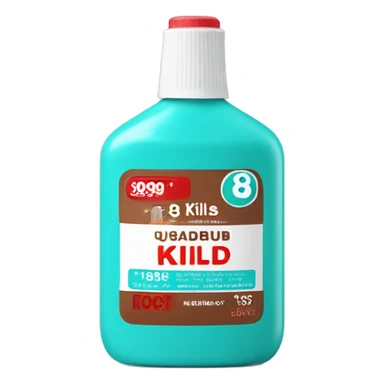 Turquoise Mouthwash bottle with white stickers and brown cap . the white stickers have small red letters that say kills 99% of batería  sticker