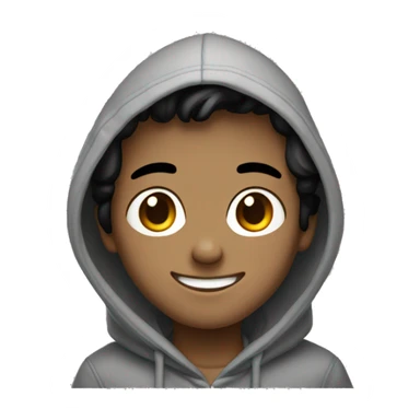 smiling boy in grey hoodie with black hair and back ayes sticker