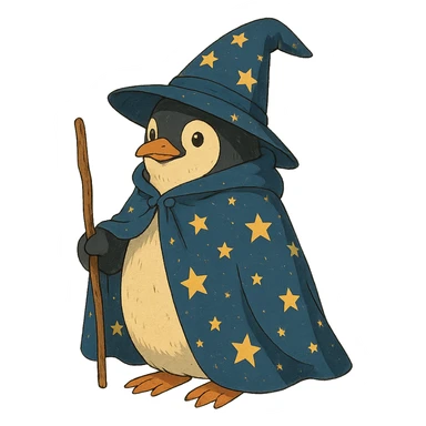 penguin wizard with a starry cloak and pointed hat sticker