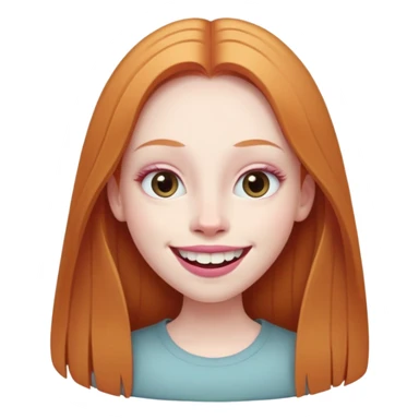 traditional emoji of young girl with very pale skin, long straight muted ginger hair, elongated oval face, bigger human-like eyes positioned close together, wide nose, full pink lips with a big smile showing extremely large and prominent teeth, less intense expression sticker