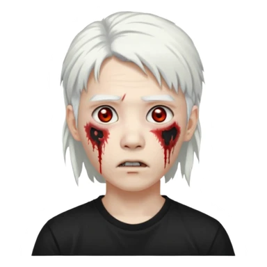 ok make a zombie avatar that has pale skin more like zombie not human, young, asian, mullet hair, white hair with hoop earrings wearing just a black T shirt white blood from the eyes, p sticker