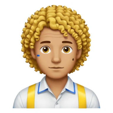 Make me an emoji that has a guy with a white shirt and yellow tape around the shirt with brown and blue spots hair make the hair curly make the yellow tape go around it sticker