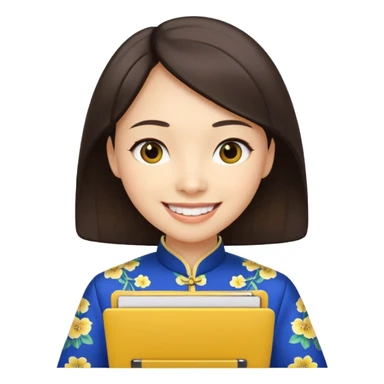 Teacher emoji but : european volume dark brown hair, light skin, no glasses, dark eyes, with a computer folder in the hand (color is yellow), being a teacher, wearing a chinese qipao ( dark blue), smile with teeth





 sticker
