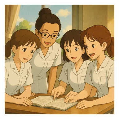 Four nursing students collaborating, Ghibli style, in short-sleeved white medical uniforms with V-neck collars, left chest pockets, no stand-up collars, no stethoscopes, clean sleeves. Character traits inspired by four provided photos. sticker