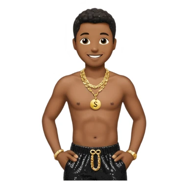 Kenneth Babyface Edmonds with black sequin baggy pants, shirtless with necklace sticker