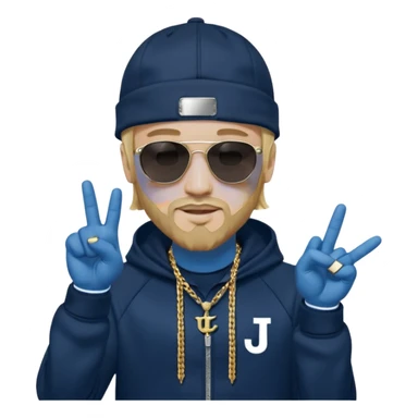 The French rapper Jul. Light skin, trimmed beard, dark navy tracksuit with hood, backwards cap, black sunglasses. Blond hair. both index and middle fingers pointing downward, forming a "J and L" shape. Gold chain and a smirk. Look evoke a Marseille urban vibe. sticker