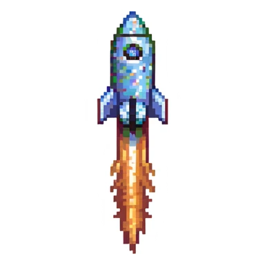 rocket ship blasting off, pixel art style sticker