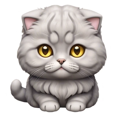 Cinematic Adorable Fluffy Grey Scottish Fold Cat Portrait Emoji, Adorable folded ears perched atop its soft, round head, head tilted cutely with big, sparkling yellow eyes, soft grey fur with darker points on the ears, face, and paws, Simplified yet irresistibly adorable features, highly detailed, glowing with a soft, warm glow, high shine, affectionate and playful, stylized with a touch of whimsy, bright and endearing, soft glowing outline, capturing the essence of a curious and loving kitten with the signature charm of a Scottish Fold's unique folded ears, so cute it feels like it could leap out of the screen and snuggle up for a cuddle! sticker