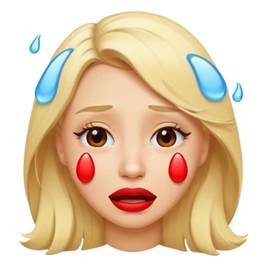 blonde having crying emoji tears from hard laughter. really happy in general, happy eyes. red lipstick sticker