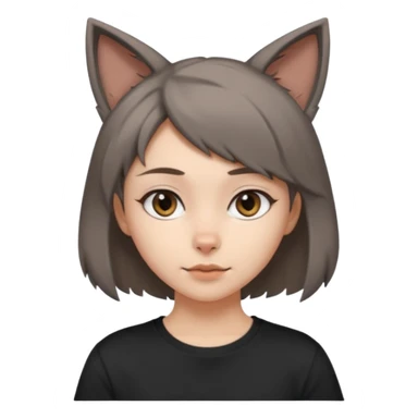 a girl with short brown wolf cut , grey cat ears and a tail, with a black t-shirt on sticker