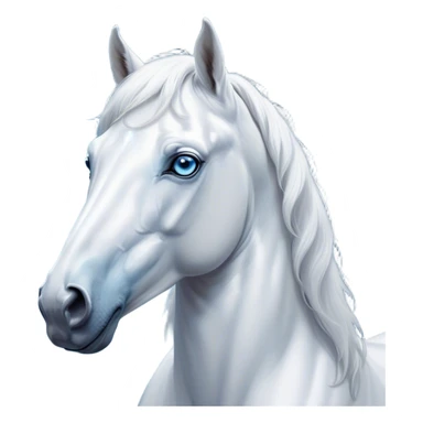 Cinematic Noble White Horse Portrait Emoji, Poised and regal, with a strong, athletic build and a pristine, well-groomed pure white fur, deep-set soulful blue eyes, Simplified yet sharp and sophisticated features, highly detailed, glowing with a soft, dignified glow, high shine, intelligent and majestic, stylized with an air of ethereal grace, focused and attentive, soft glowing outline, capturing the essence of a watchful and confident steed, so majestic it feels as though it could gallop out of the screen with effortless authority! sticker