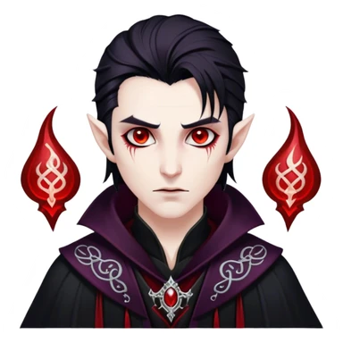 Cinematic Realistic WoW Vampire Mage Portrait, depicted with dark and mysterious elegance, wearing a flowing black robe intricately adorned with arcane silver filigree and esoteric runes. His pallid, almost ethereal skin contrasts with deep crimson, mesmerizing eyes, while his dark, slick hair falls in sleek strands. Rendered with lifelike texture and moody, dramatic lighting, high shine, noble and formidable, capturing the essence of a legendary vampire mage of Azeroth. sticker