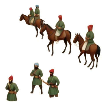 Early Ottoman settlement being built. Wooden houses, tents, and a small market. People in traditional Ottoman clothes, soldiers on horseback, and a flag waving sticker