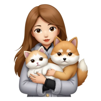 A Chinese fashion girl with brown hair, wearing a light gray fur coat, hugging a Shiba Inu and a long-haired white Persian cat. sticker