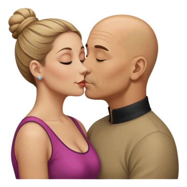Mid aged Hispanic bald man kissing mid aged dark blonde white woman. She’s wearing a bun. sticker