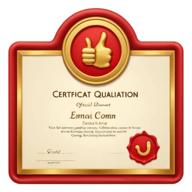 A simple emoji of a certificate document with a seal and a thumbs-up symbol, representing qualification or certification sticker