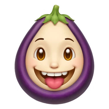 An ashamed, smiling round face emoji with a huge eggplant in mouth. sticker