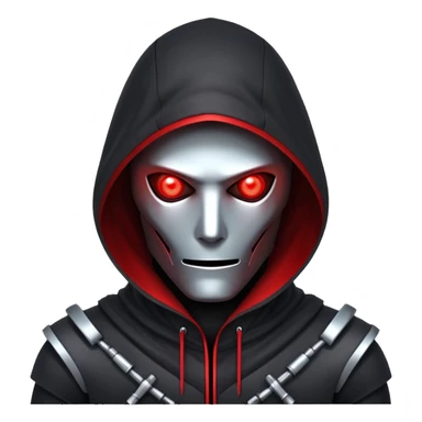 Evil robot hacker with glowing red eyes, dark hood, binary code, sinister expression sticker