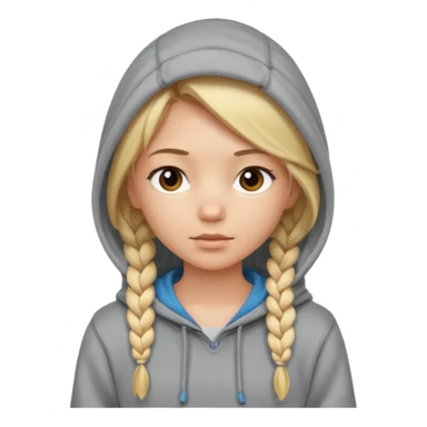 blonde braided girl with her head covered in a sweatshirt and hood sticker