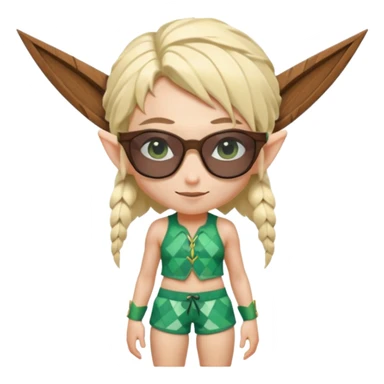 elf female legolas portrait, patterned board shorts (geometric/abstract), unique wooden-framed sunglasses, undercut hairstyle, slight smirk, visible pointy ears, no background, centered emoji, hipster summer vibe coctails sticker