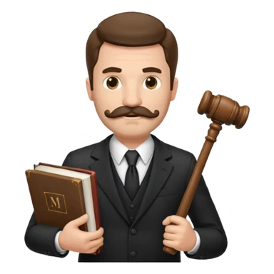 Create a male lawyer. he is wearing a fromal suit jckeret. He is holding a gavel in one hand and a book tucked under his another arm. He has a mustache and BEARD both! sticker