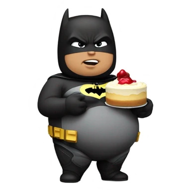 Obese man wearing Batman suit and holding baby while eating a Philly cheesecake sticker