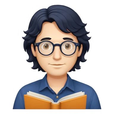 Man with longer wavy black hair, round glasses, dark blue buttoned shirt, holding program booklet for a play sticker