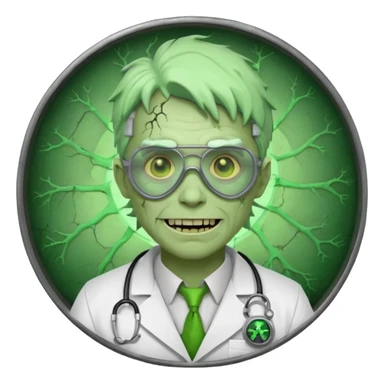 radioactive zombie scientist portrait, head and shoulders only, glowing toxic veins, cracked goggles, lab coat with radiation badge, sinister smile, 3D cartoon, mobile game icon style, clean background, no text, no watermark
 sticker