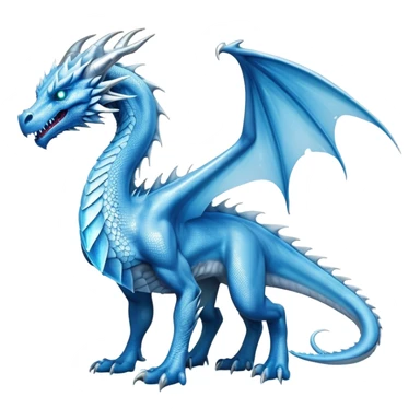 Cinematic Noble beautiful  Ice Dragon full body Emoji, Poised and imposing, distinct long elegant snout, with a slender, scaled body shimmering in glacial hues of icy blue, frostbitten silver, and crystalline white, breathing out frost, with piercing, glowing eyes that radiate the chilling depths of an arctic storm; rendered in detail. displaying its wings sticker