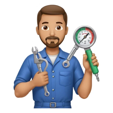hispanic HVAC repairman action figure with goatee beard holding a wrench and refrigerant gauge sticker