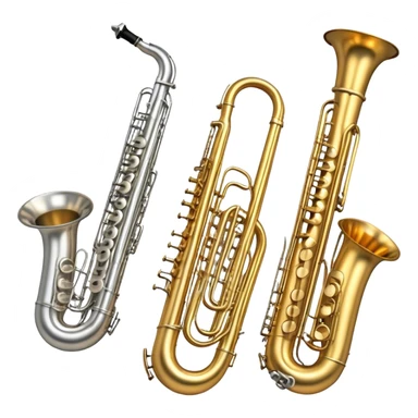 Create a professional and elegant emoji collage symbolizing wind instruments, using a combination of copper, white metal, and black wood. The design should feature iconic instruments like a trumpet, saxophone, tube, oboe, and horn. Each instrument should be represented with its key elements clearly visible.
Each instrument should be designed with realistic textures, including the gleam of metal and the deep, rich tone of black wood. Arrange the instruments in a balanced and harmonious way, making sure the elements are easily recognizable. Use metallic gold, silver, and copper tones with black wood accents. The background should be transparent to highlight the instruments. sticker