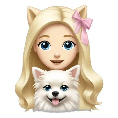 Blond girl white skin blue eyes hugging white Pomeranian with light pink bow sticker