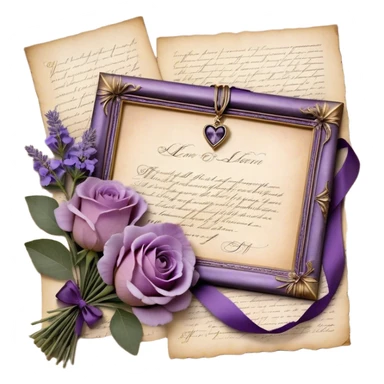 A delicate bouquet of lavender sprigs, dusty mauve roses, and deep violet peonies rests atop an antique love letter, its parchment kissed by time, tied with a silken amethyst ribbon forming an elegant bow. Nearby, a tiny heart-shaped locket gleams softly beneath the glow of a crescent moon, while scattered pressed pansies in shades of lilac and plum whisper forgotten sentiments of devotion. A few golden stars shimmer faintly, caught in the folds of the vintage fabric beneath the bouquet, adding a touch of celestial romance. sticker