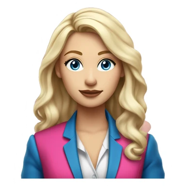a 25 years old business woman in finance with long curled platinum blonde hair wearing hot pink blazer. she is white and has blue eyes with a pink blazer sticker