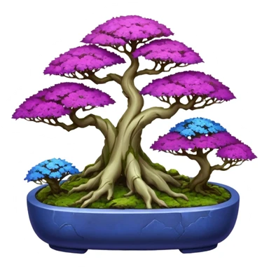 Futuristic wild glowing et alien moss maples Bonsai hair-fine-leaf group crimson crystal boxwood purple and cream pink blue informal rocky cliffhanger forest planting in shallow slab style pot  sticker