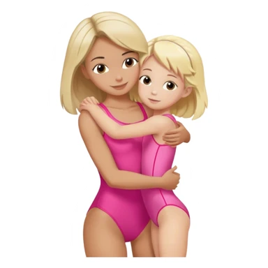brunette trainer hugs a blonde child in a pink leotard sticker