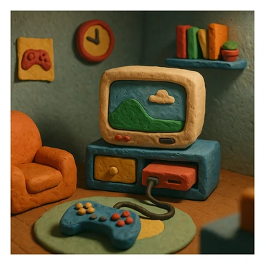 gaming room with playful details in claymation style sticker
